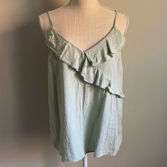 V Neck Ruffle Spaghetti Strap Top Green - Picture 1 of 8